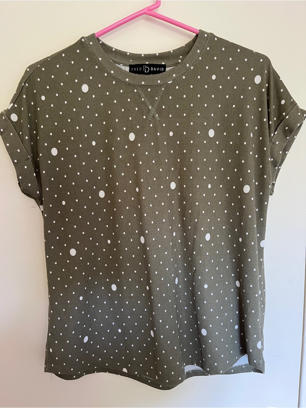 Fred David Olive Green Polka Dot Short Sleeve Top. Super soft and fits med. & lg